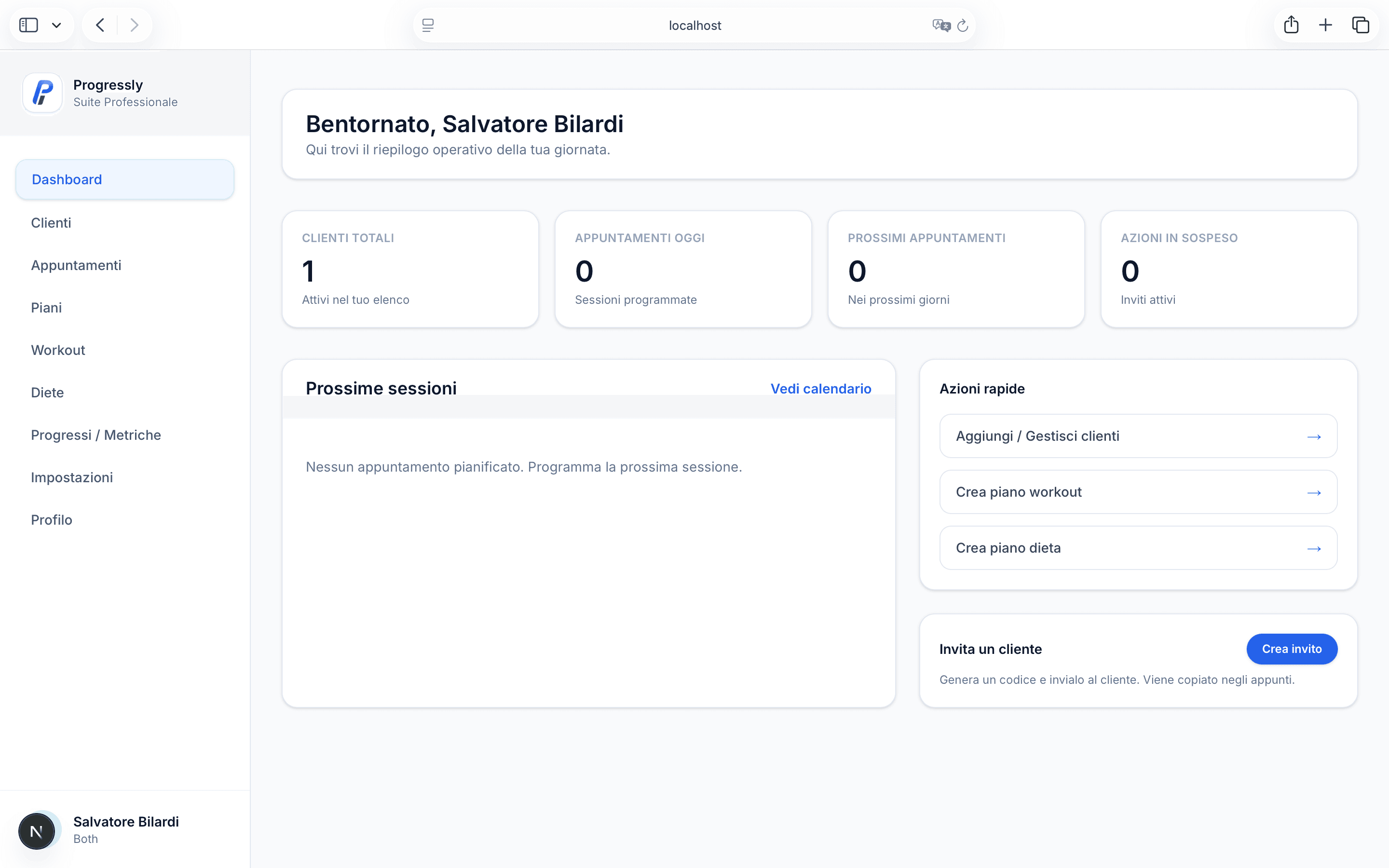 Dashboard Progressly: gestione clienti, generazione piani con AI e monitoraggio progressi per trainer, coach e nutrizionisti